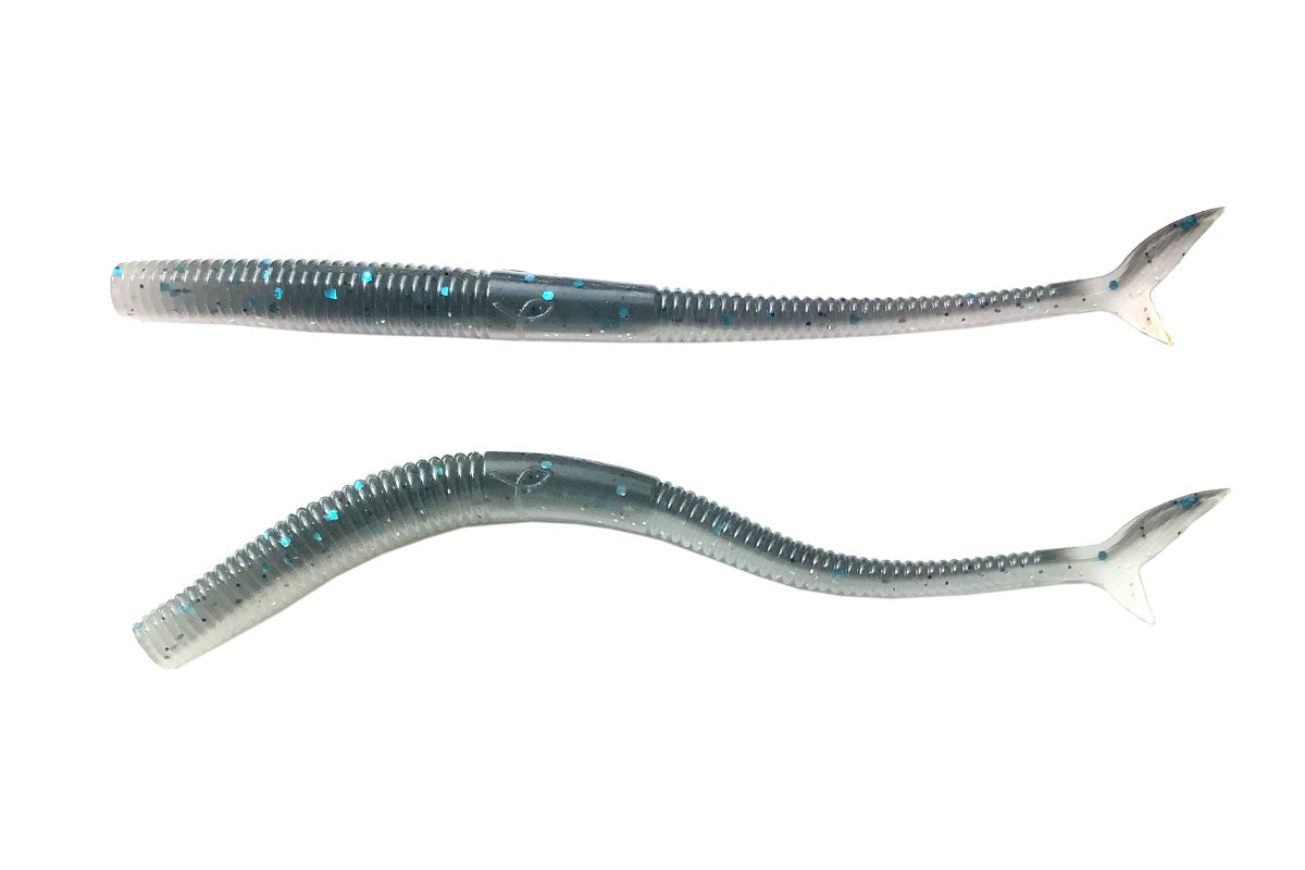 blue worm with green speckles fishing lure Shark Tail Worm Blue Shad 8PK Shark Tail Worm 5.25" Blue Shad 8PK